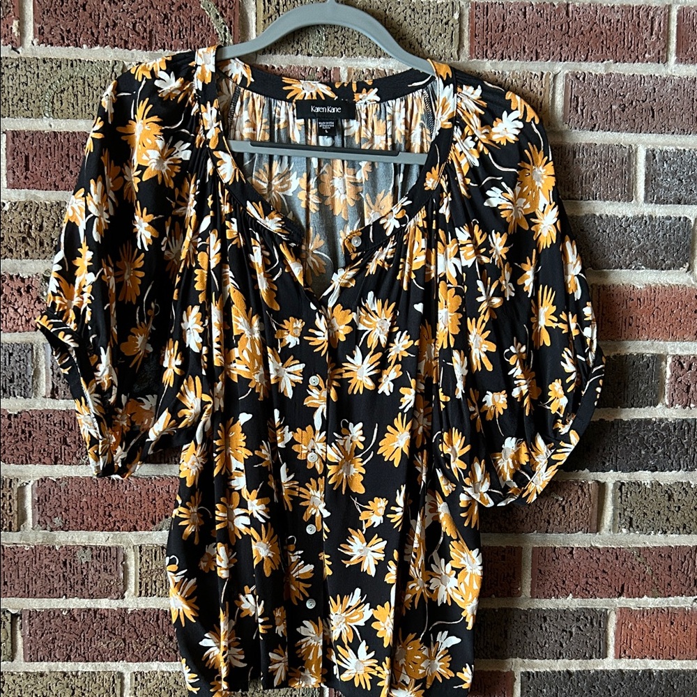 Karen Kane Black and Orange and White Floral Blouse